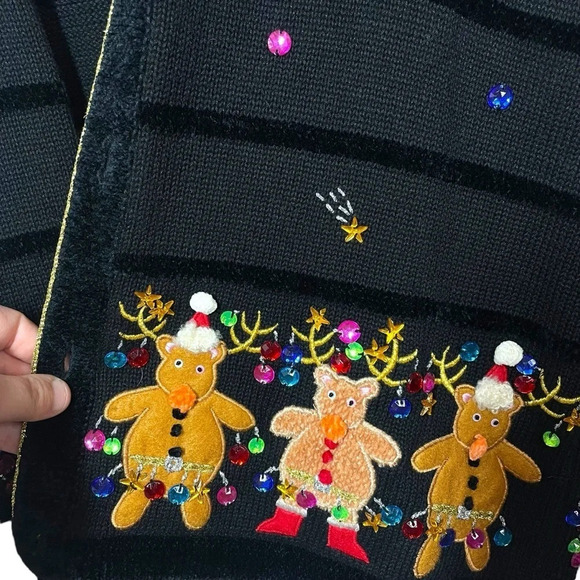VINTAGE 90s Jack B Quick Ugly Bedazzled Christmas Cardigan Sweater Black Size M - Picture 6 of 14